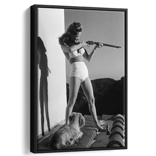 Woman With Dog Aims Rifle Framed Canvas Print Wall Art, Black and White, Vintage Art, Funny Retro Wall Decor