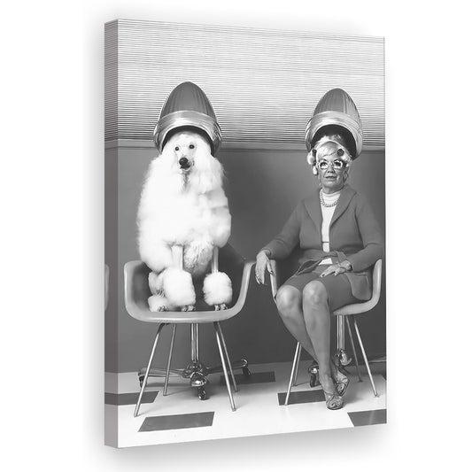 Woman and Poodle at Hair Salon Canvas Print Wall Art, Beauty Salon Decor, Black and White, Retro Wall Decor
