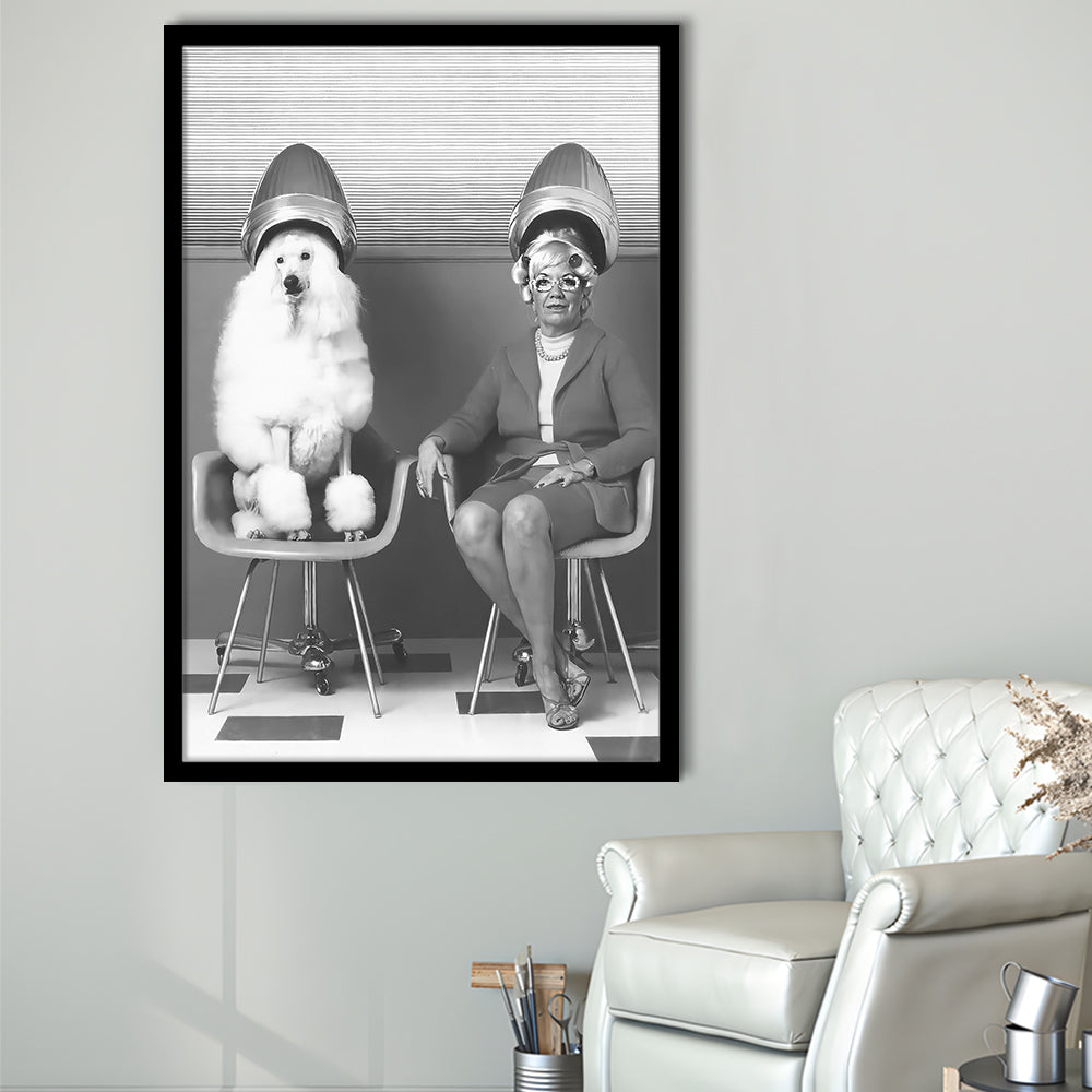 Woman and Poodle at Hair Salon Framed Art Print Wall Decor, Beauty Salon Decor, Black and White