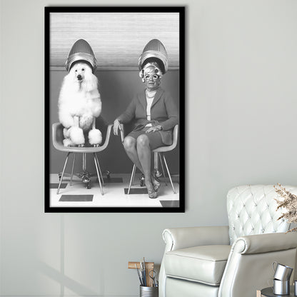 Woman and Poodle at Hair Salon Framed Art Print Wall Decor, Beauty Salon Decor, Black and White