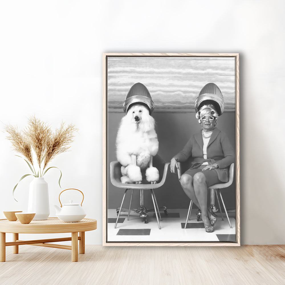 Woman and Poodle at Hair Salon Framed Canvas Print Wall Art, Beauty Salon Decor, Black and White