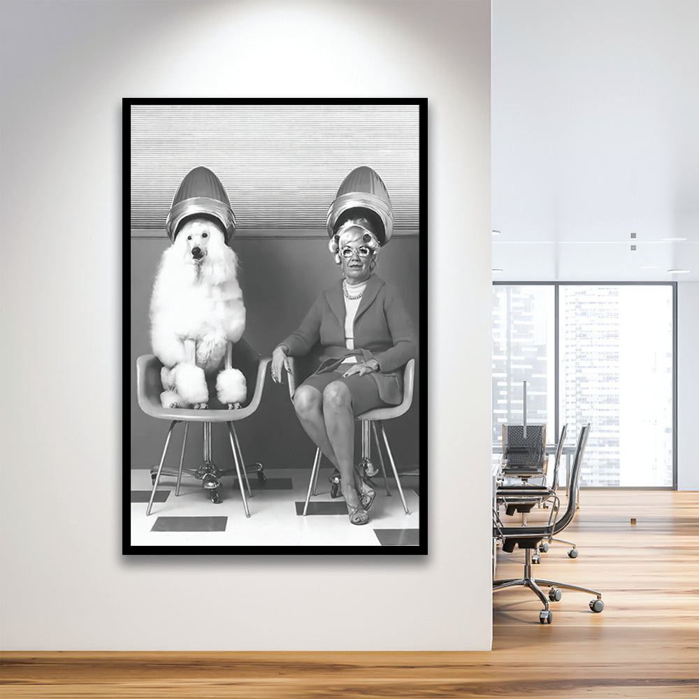 Woman and Poodle at Hair Salon Framed Art Print Wall Decor, Beauty Salon Decor, Black and White