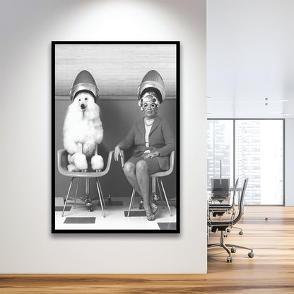 Woman and Poodle at Hair Salon Framed Art Print Wall Decor, Beauty Salon Decor, Black and White