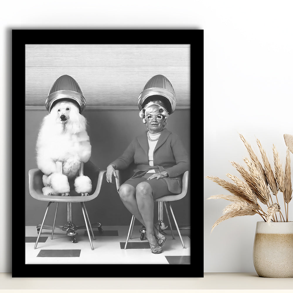 Woman and Poodle at Hair Salon Framed Art Print Wall Decor, Beauty Salon Decor, Black and White
