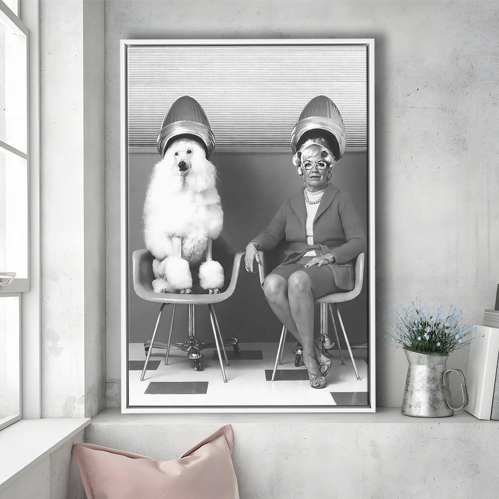 Woman and Poodle at Hair Salon Framed Canvas Print Wall Art, Beauty Salon Decor, Black and White