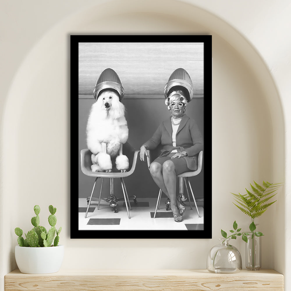 Woman and Poodle at Hair Salon Framed Art Print Wall Decor, Beauty Salon Decor, Black and White