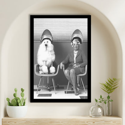 Woman and Poodle at Hair Salon Framed Art Print Wall Decor, Beauty Salon Decor, Black and White