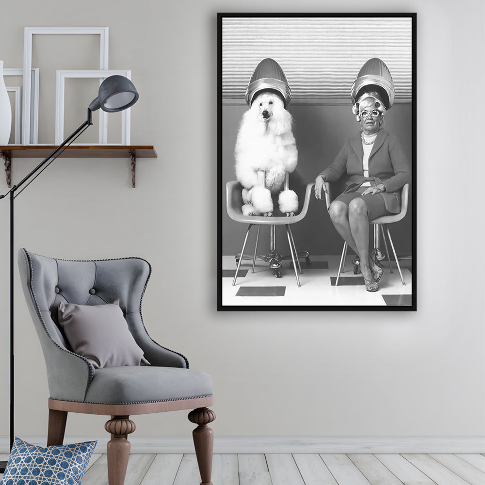 Woman and Poodle at Hair Salon Framed Canvas Print Wall Art, Beauty Salon Decor, Black and White