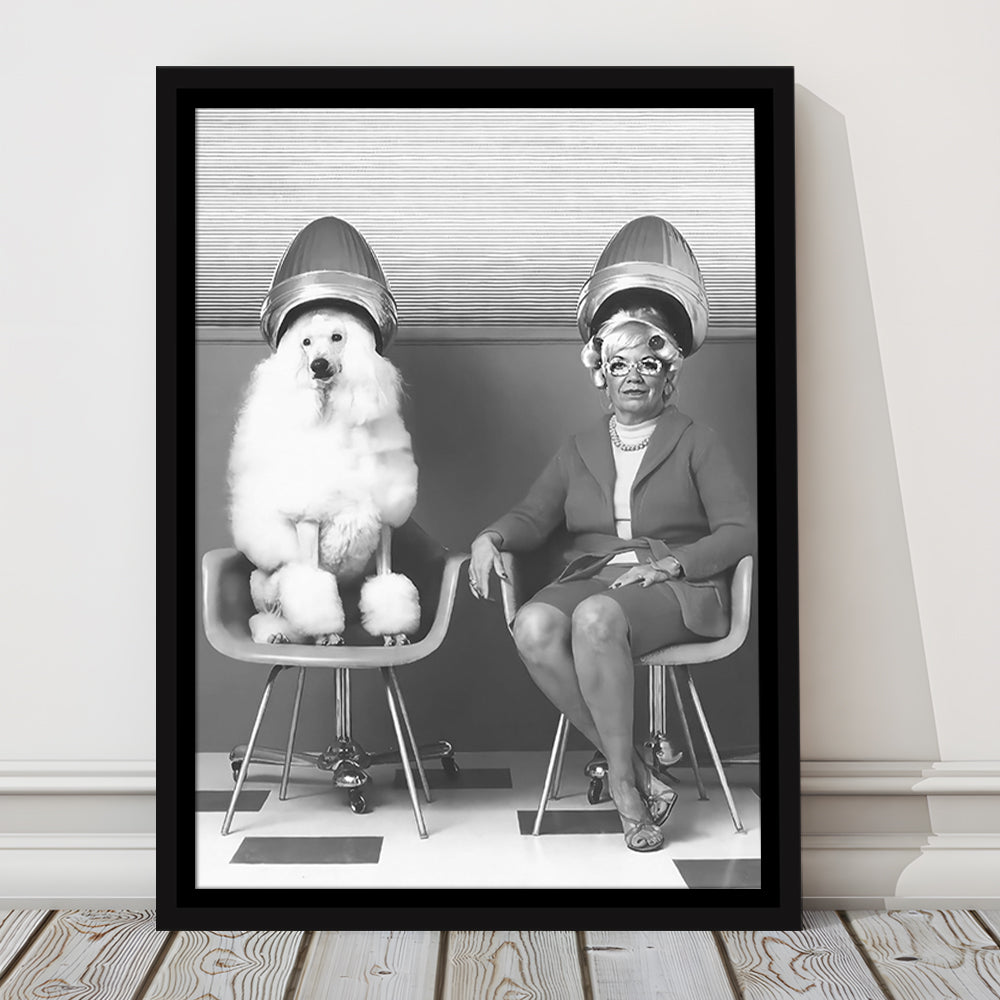 Woman and Poodle at Hair Salon Framed Canvas Print Wall Art, Beauty Salon Decor, Black and White