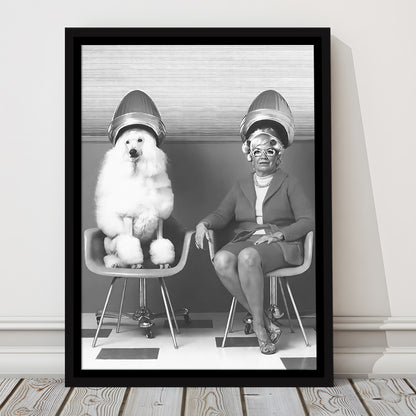 Woman and Poodle at Hair Salon Framed Canvas Print Wall Art, Beauty Salon Decor, Black and White