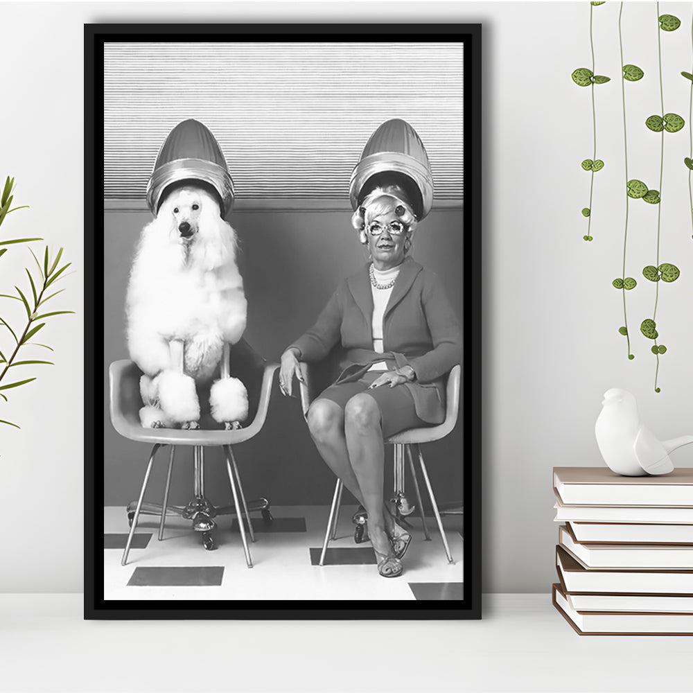 Woman and Poodle at Hair Salon Framed Canvas Print Wall Art, Beauty Salon Decor, Black and White