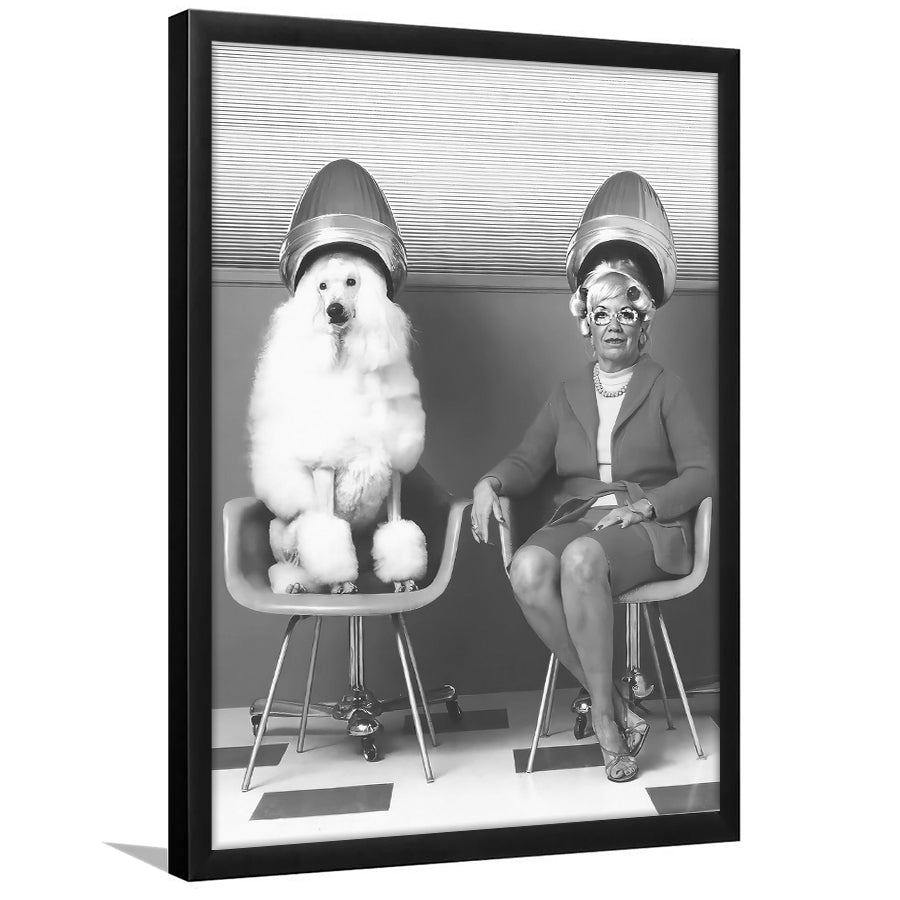 Woman and Poodle at Hair Salon Framed Art Print Wall Decor, Beauty Salon Decor, Black and White