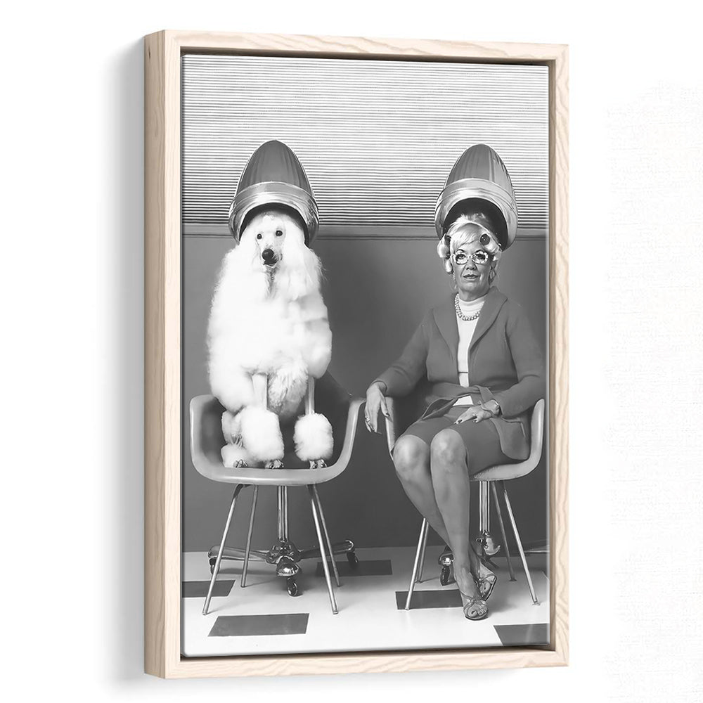 Woman and Poodle at Hair Salon Framed Canvas Print Wall Art, Beauty Salon Decor, Black and White