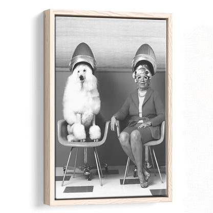 Woman and Poodle at Hair Salon Framed Canvas Print Wall Art, Beauty Salon Decor, Black and White