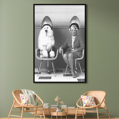 Woman and Poodle at Hair Salon Framed Canvas Print Wall Art, Beauty Salon Decor, Black and White