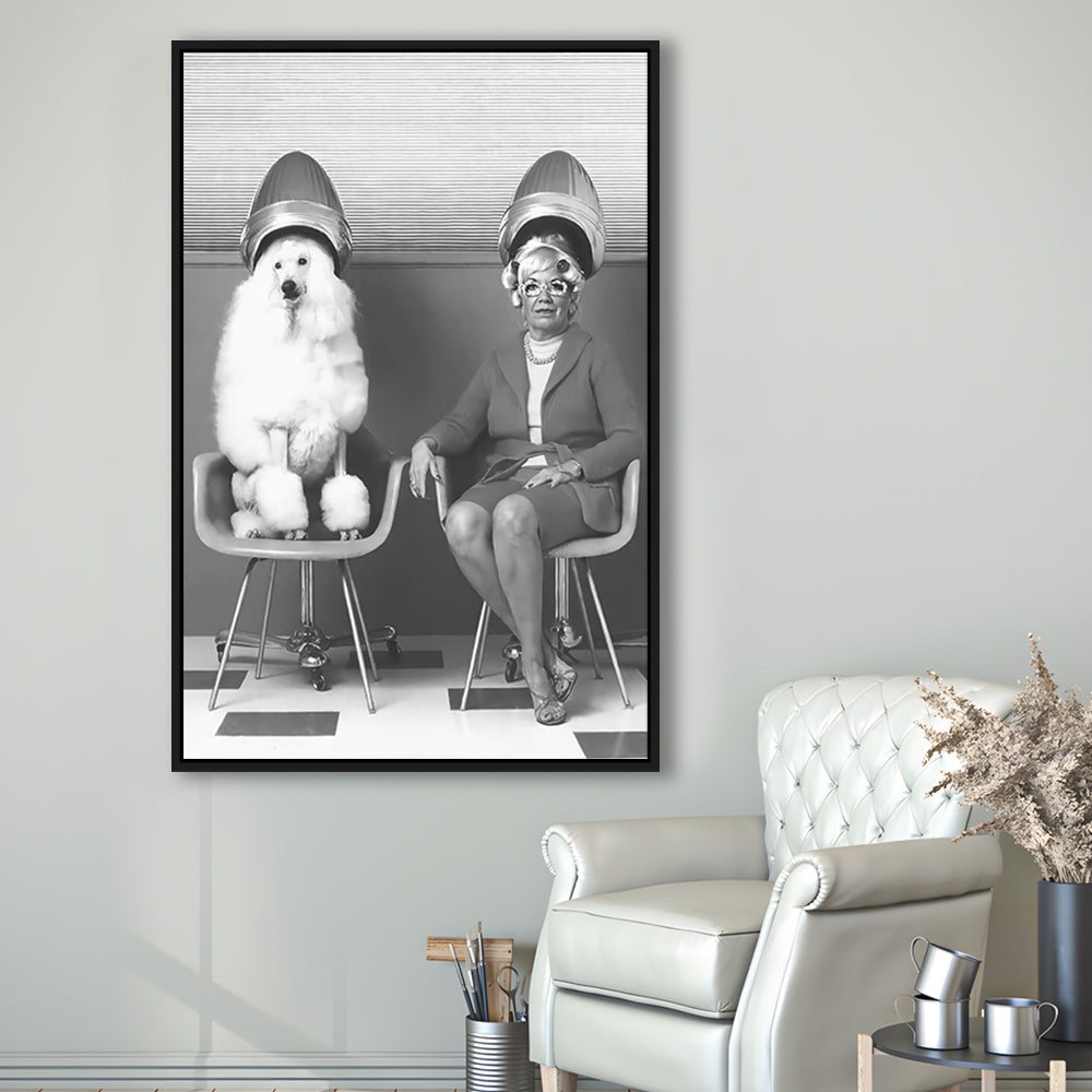 Woman and Poodle at Hair Salon Framed Canvas Print Wall Art, Beauty Salon Decor, Black and White