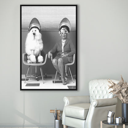 Woman and Poodle at Hair Salon Framed Canvas Print Wall Art, Beauty Salon Decor, Black and White
