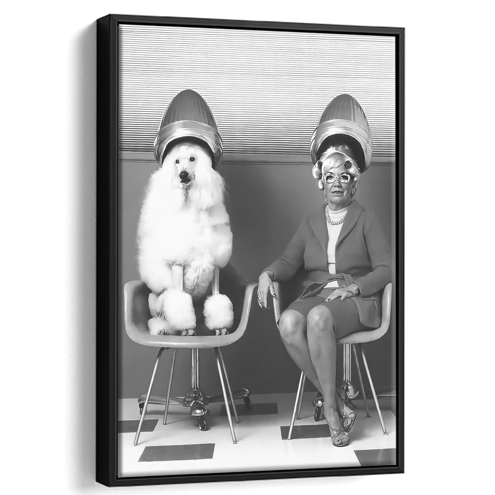 Woman and Poodle at Hair Salon Framed Canvas Print Wall Art, Beauty Salon Decor, Black and White