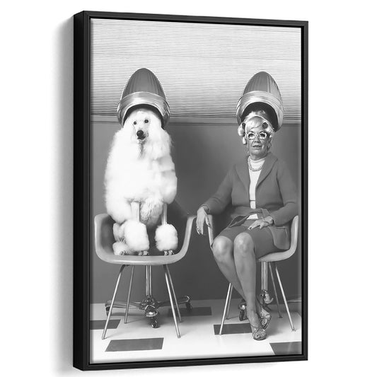 Woman and Poodle at Hair Salon Framed Canvas Print Wall Art, Beauty Salon Decor, Black and White