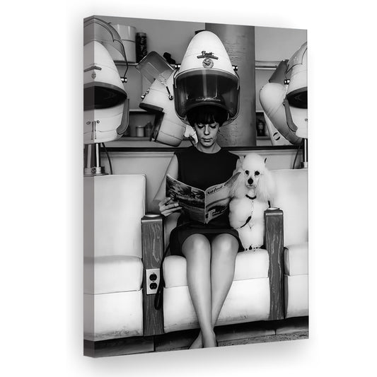 Woman and Poodle in Beauty Salon Canvas Print Wall Art, Hair Salon Decor, Black and White, Funny, Retro Wall Decor