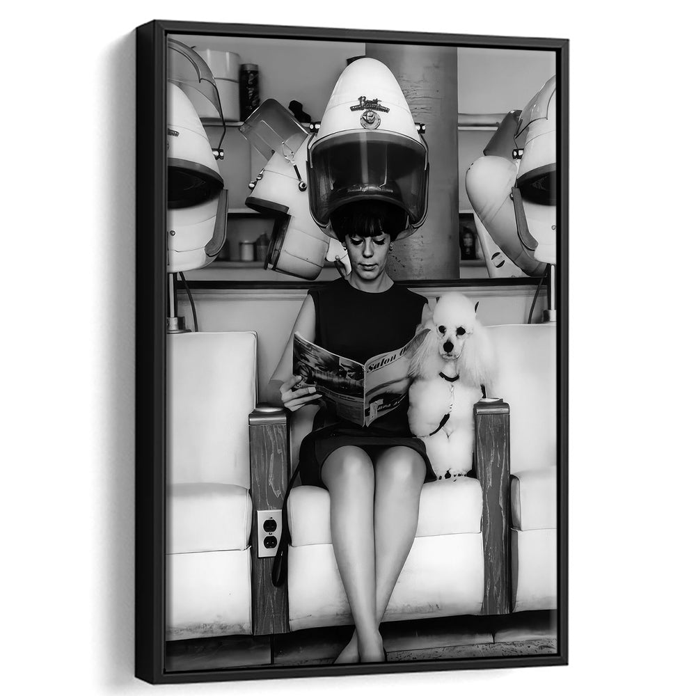Woman and Poodle in Beauty Salon Framed Canvas Print Wall Art, Hair Salon Decor, Black and White, Funny
