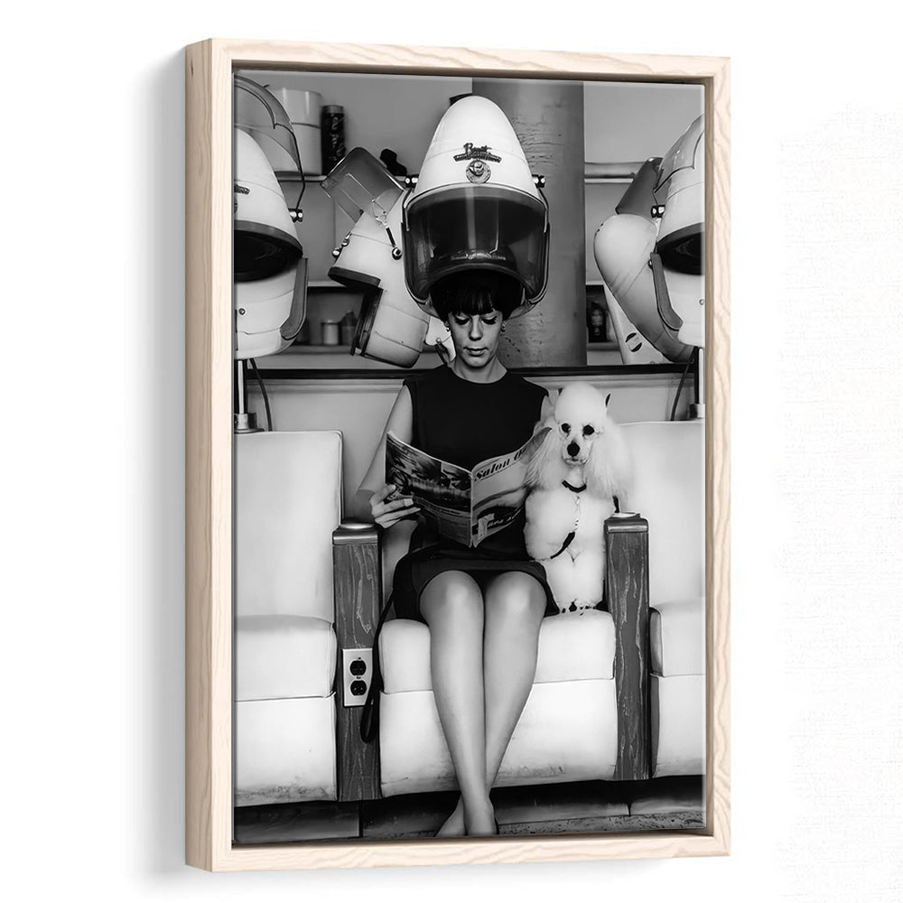 Woman and Poodle in Beauty Salon Framed Canvas Print Wall Art, Hair Salon Decor, Black and White, Funny