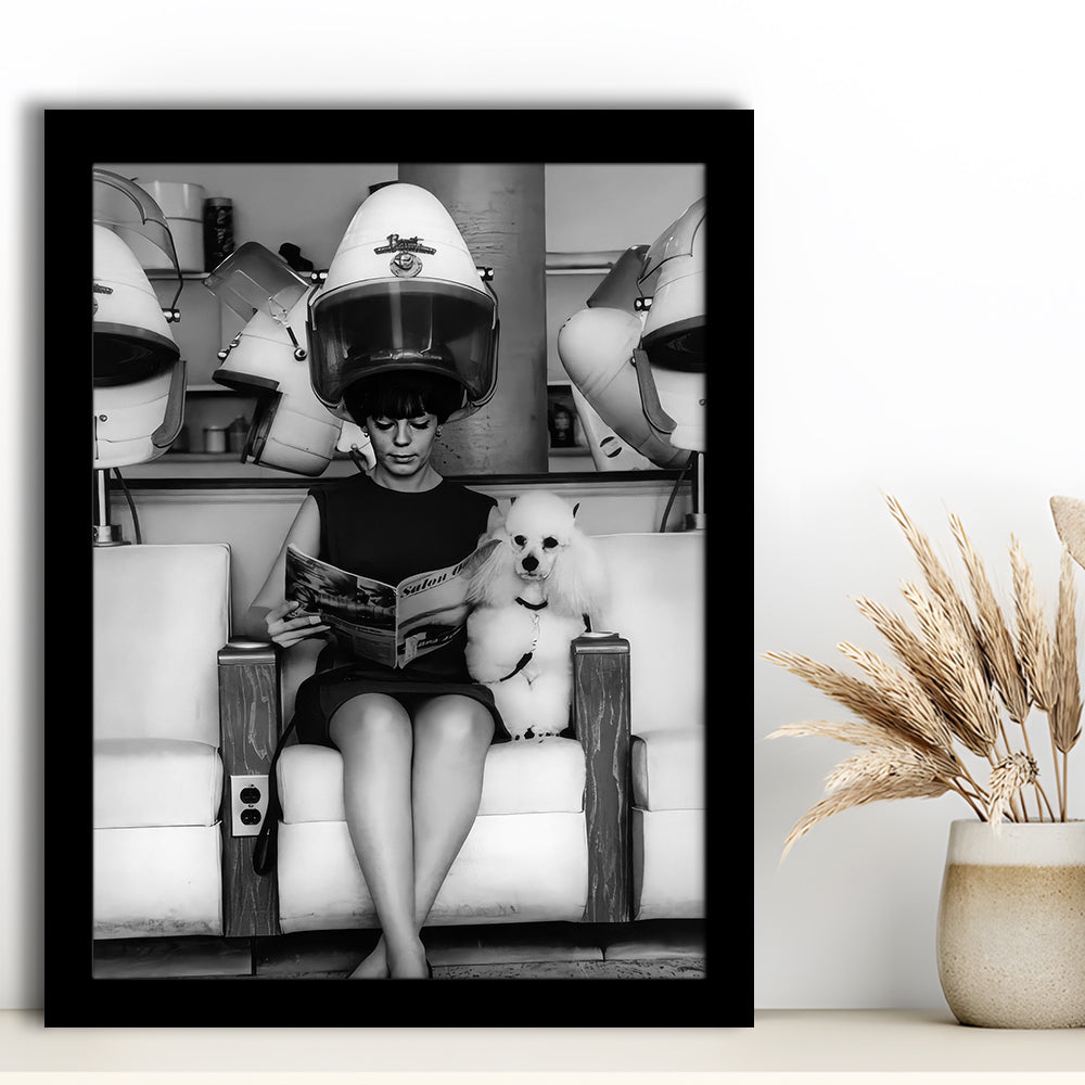 Woman and Poodle in Beauty Salon Framed Art Print Wall Decor, Hair Salon Decor, Black and White, Funny