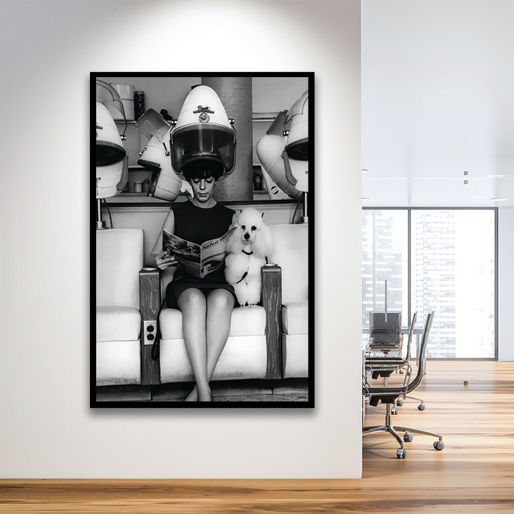 Woman and Poodle in Beauty Salon Framed Art Print Wall Decor, Hair Salon Decor, Black and White, Funny