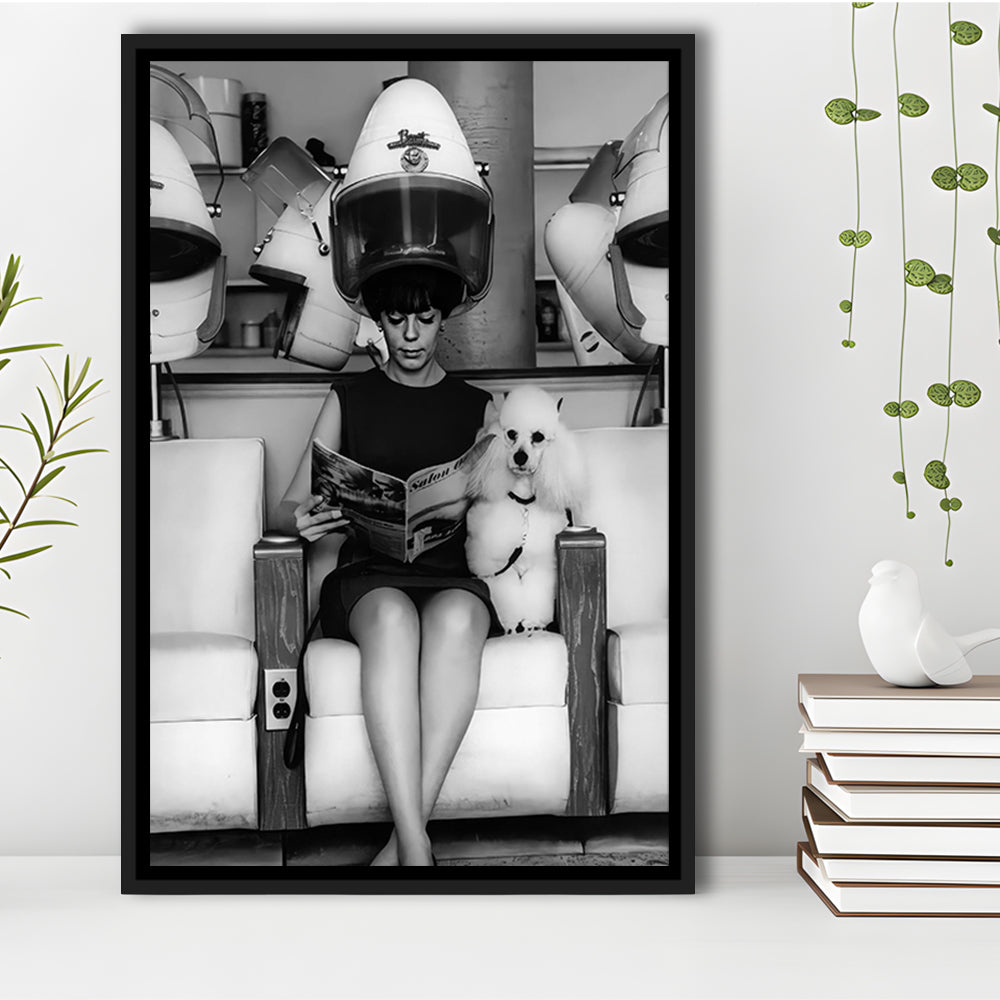Woman and Poodle in Beauty Salon Framed Canvas Print Wall Art, Hair Salon Decor, Black and White, Funny
