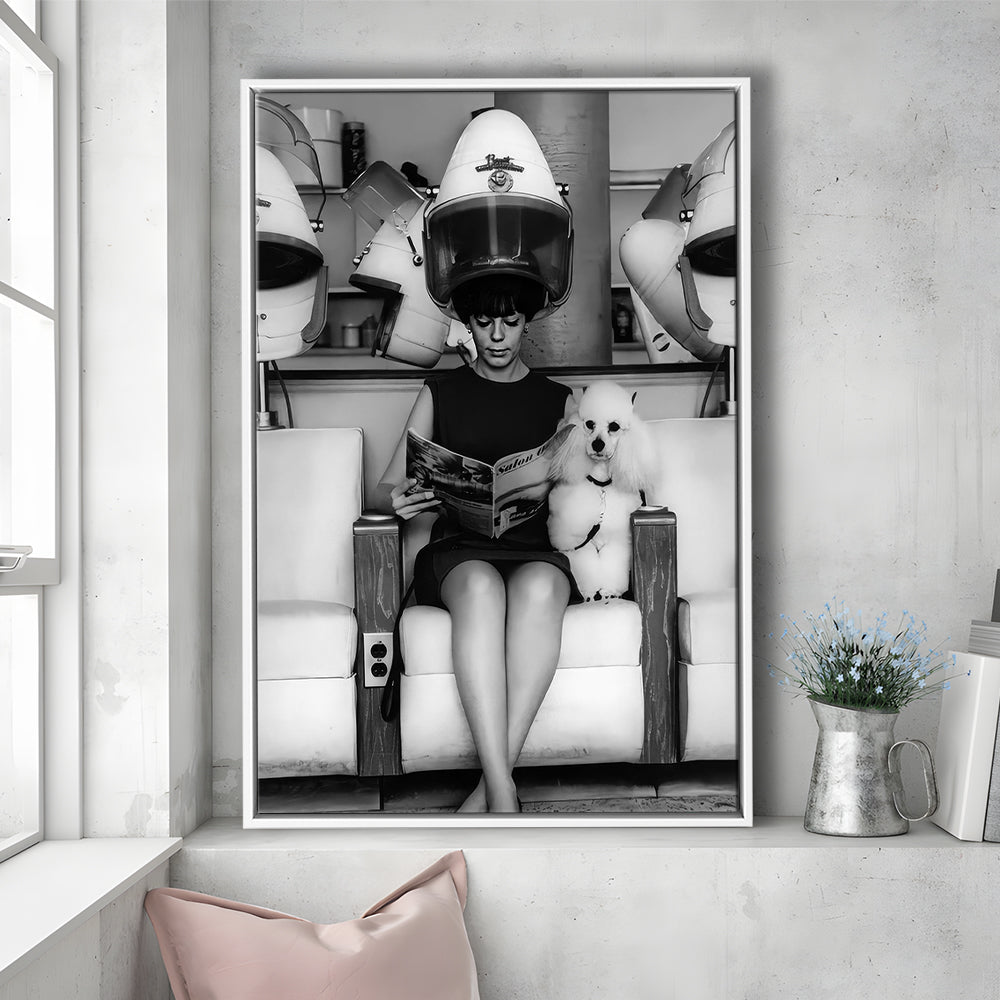 Woman and Poodle in Beauty Salon Framed Canvas Print Wall Art, Hair Salon Decor, Black and White, Funny