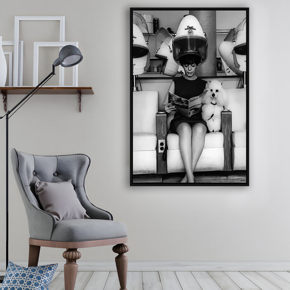 Woman and Poodle in Beauty Salon Framed Canvas Print Wall Art, Hair Salon Decor, Black and White, Funny