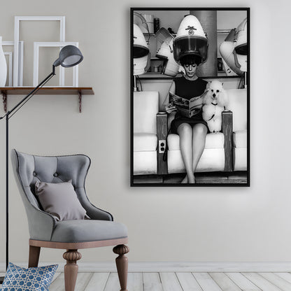 Woman and Poodle in Beauty Salon Framed Canvas Print Wall Art, Hair Salon Decor, Black and White, Funny