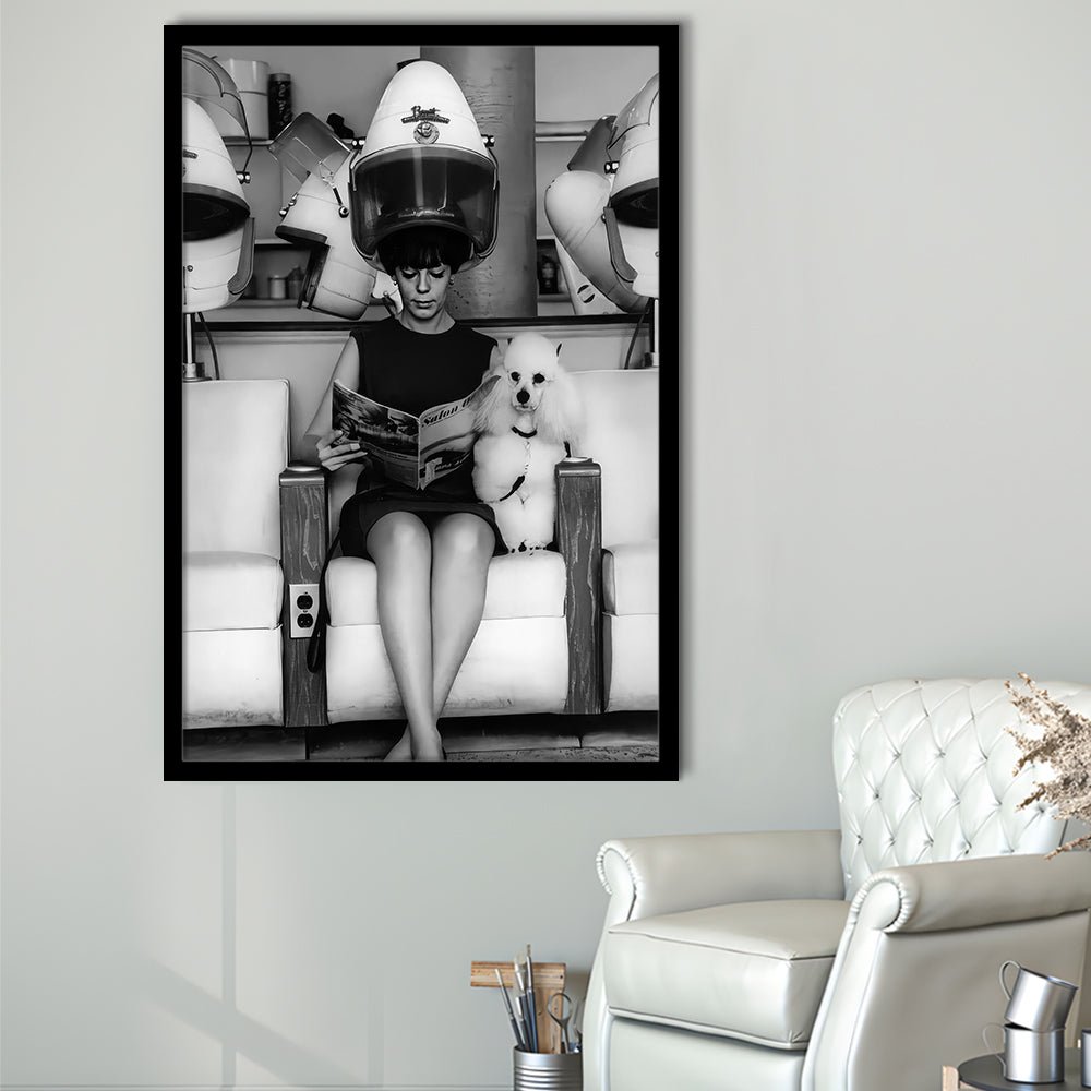 Woman and Poodle in Beauty Salon Framed Art Print Wall Decor, Hair Salon Decor, Black and White, Funny