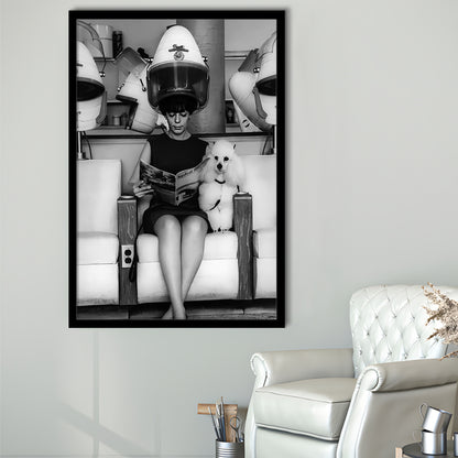 Woman and Poodle in Beauty Salon Framed Art Print Wall Decor, Hair Salon Decor, Black and White, Funny