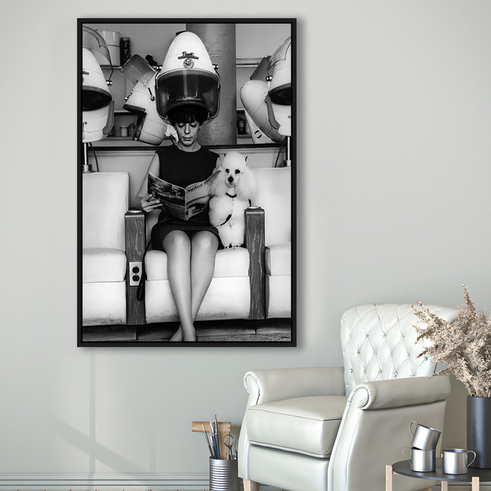 Woman and Poodle in Beauty Salon Framed Canvas Print Wall Art, Hair Salon Decor, Black and White, Funny