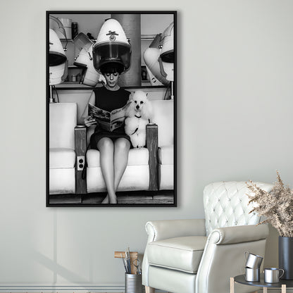 Woman and Poodle in Beauty Salon Framed Canvas Print Wall Art, Hair Salon Decor, Black and White, Funny