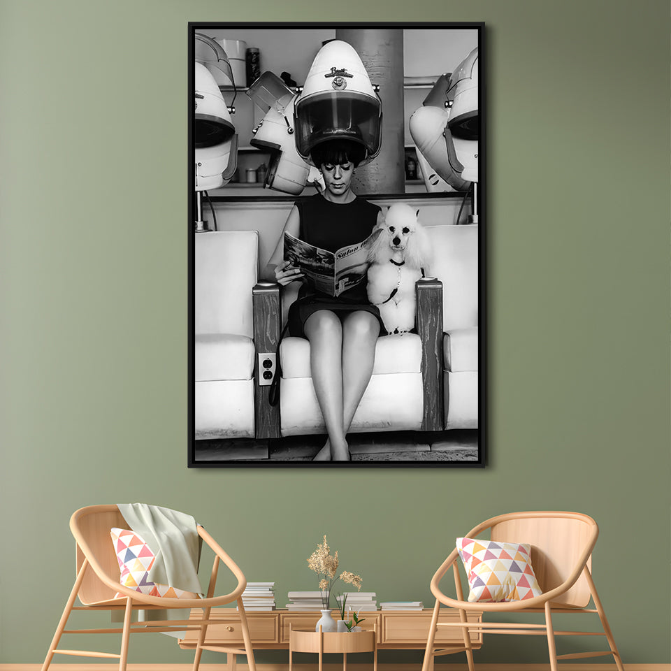 Woman and Poodle in Beauty Salon Framed Canvas Print Wall Art, Hair Salon Decor, Black and White, Funny