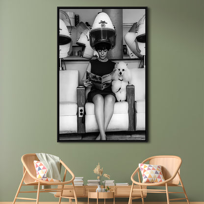 Woman and Poodle in Beauty Salon Framed Canvas Print Wall Art, Hair Salon Decor, Black and White, Funny