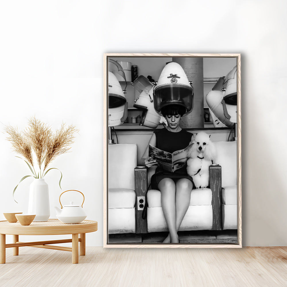 Woman and Poodle in Beauty Salon Framed Canvas Print Wall Art, Hair Salon Decor, Black and White, Funny