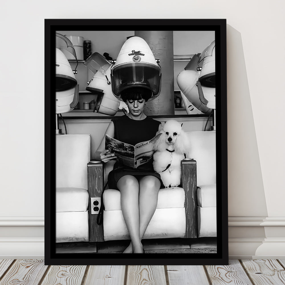 Woman and Poodle in Beauty Salon Framed Canvas Print Wall Art, Hair Salon Decor, Black and White, Funny