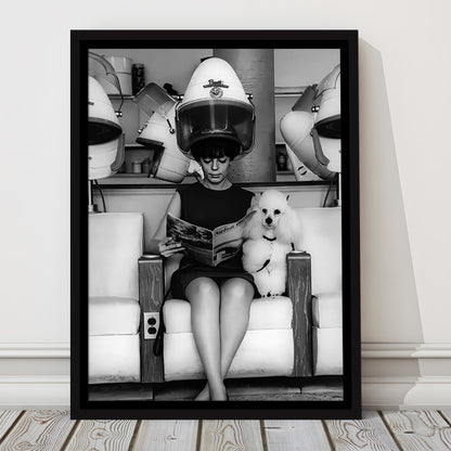 Woman and Poodle in Beauty Salon Framed Canvas Print Wall Art, Hair Salon Decor, Black and White, Funny