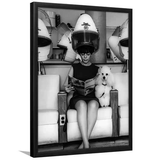 Woman and Poodle in Beauty Salon Framed Art Print Wall Decor, Hair Salon Decor, Black and White, Funny
