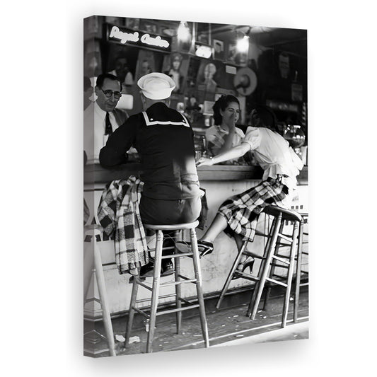 Woman and Sailor at Bar Canvas Print Wall Art, Black and White, Vintage Photography, Alcohol, Bar Cart Print, Retro Wall Decor