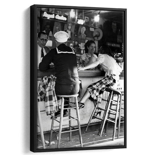 Woman and Sailor at Bar Framed Canvas Print Wall Art, Black and White, Vintage Photography, Alcohol, Bar Cart Print