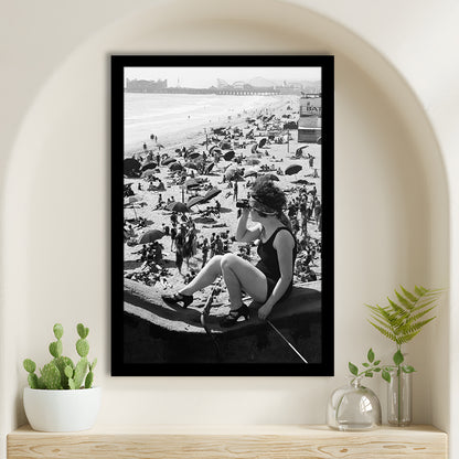 Woman in Bathing Suit Black and White Art Vintage Beach Photos, Framed Art Print Wall Decor