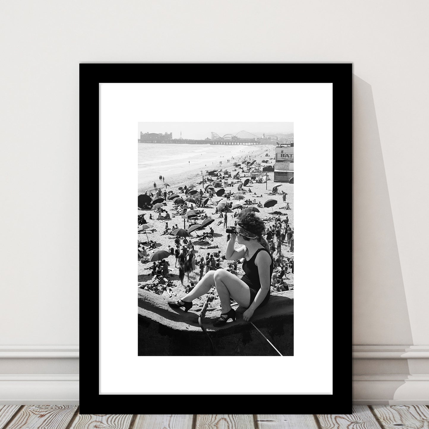 Woman in Bathing Suit Black and White Art Vintage Beach Photos, Framed Art Print White Border Wall Decor
