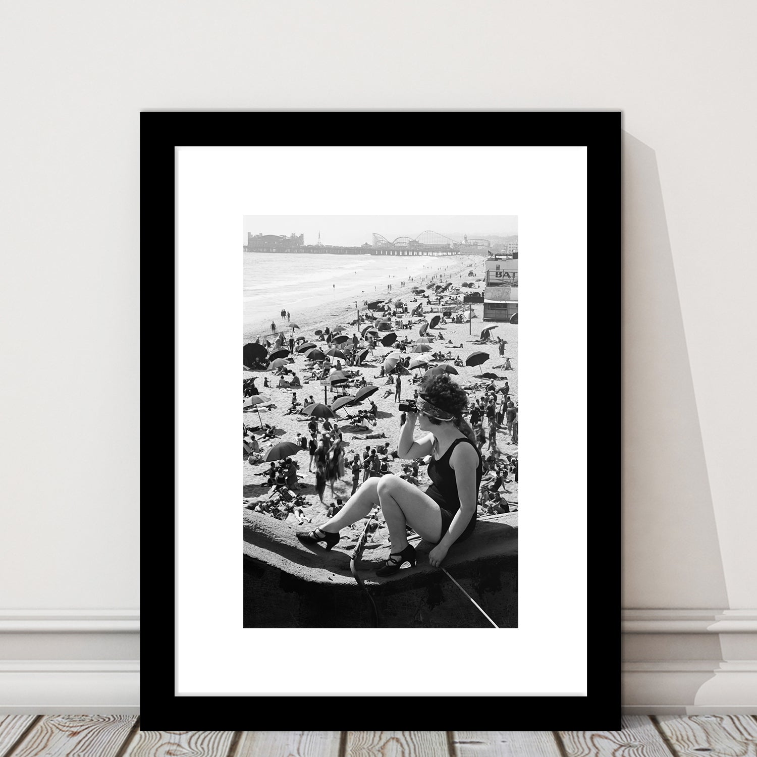 Woman in Bathing Suit Black and White Art Vintage Beach Photos, Framed Art Print White Border Wall Decor