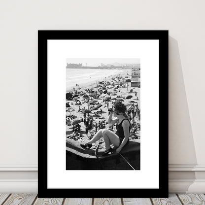 Woman in Bathing Suit Black and White Art Vintage Beach Photos, Framed Art Print White Border Wall Decor