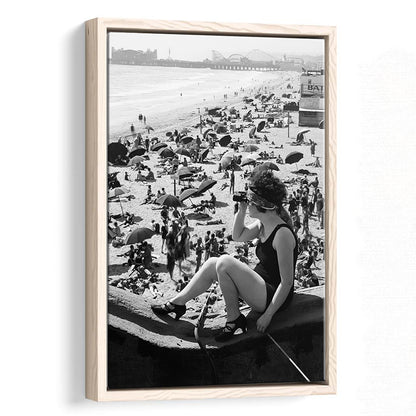 Woman in Bathing Suit Black and White Art Vintage Beach Photos, Floating Framed Canvas Print