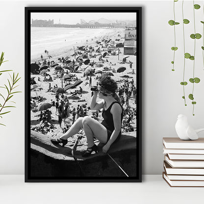 Woman in Bathing Suit Black and White Art Vintage Beach Photos, Floating Framed Canvas Print